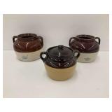 Three Stoneware Bean Pots... Two Missing Lids