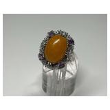 Sterling Silver Yellow Jade, Multi Amethyst, and CZ Gemstone Ring...Size 9