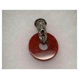 Sterling Silver Orange Jade Spinner Disk & Multi Garnet 1.875 in. Billiken God Pendant