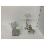 Assorted Glassware Collection: Pitcher, Candy Dish, Figurine, and Flower Vase