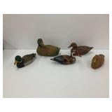 Collection of Five Hand-Carved Ducks