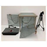 Home Decor Lot: Side Table, Galvanized Pallets, Tote Bag, and Ambico Tripod