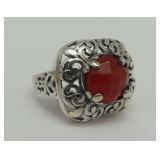 Sterling Silver Ring with Faceted Red Stone - Size 8