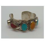 Tibetan Silver Cuff Bracelet with Colorful Stones
