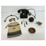 Vintage Items: Telephone, Knives, Fishing Reel, Beaded Bag, and More