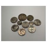 Assorted US Coins Including Hawaii Dollar and Kennedy Half Dollars