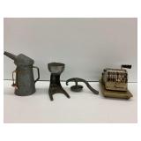 Vintage Items: Paymaster S-1000 Check Writer, Oil Can, and Big Squeeze Citrus Juicer