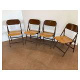 Set of Four Folding Chairs with Metal Frames and Wooden Seats