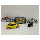 Five Diecast Vehicle Models - Dodge, VW, Motorcycles & Forklift