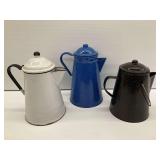 Three Enamelware Coffee Pots
