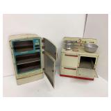 Vintage 1950s Wolverine Tin Toy Refrigerator and Stove Set