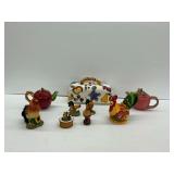 Ceramic Kitchen Decor Lot - Teapots, Bread Storage Box, and Rooster Figurines