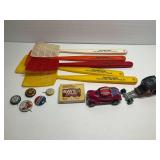 Pines Motel Flyswatters, Hot Wheels Cars, Political Buttons & Bayer Aspirin Box