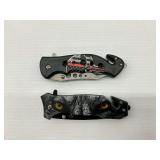 Two Folding Pocket Knives - American Flag and Wolf Design