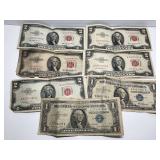 United States $1 Silver Certificates and $2 Red Seal Bills