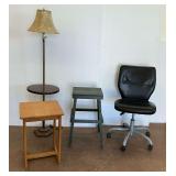 Assorted Furniture: Floor Lamp, Tables, and Desk Chair