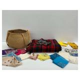 Woven Basket, Plaid Wool Blanket Made in Scotland, and Assorted Handkerchiefs