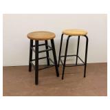 Two Wood and Metal Stools... one has a cracked seat