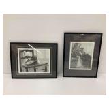 Pair of Framed Pencil Drawing Prints by G. Adamson - Cat Theme