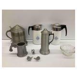 Corning Ware Coffee Pots, Metal Steins, and Glassware
