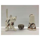 Signed Acoma, New Mexico Pottery Figurines: Cat, Bell, and Bowl