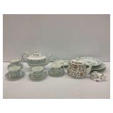 Aynsley & Minton Bone China Dinnerware Group with Teapot and Cat Figurine