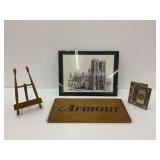 Vintage Jerusalem Metal Book Cover, Framed Westminster Abbey Print, Armour Wooden Sign and Display Stand