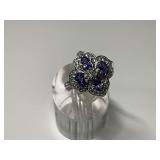 Floral Design Sterling Silver Ring with Blue and White Stones...Size 5