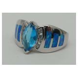 Sterling Silver Ring with Blue Topaz and Opal Inlays - Size 7