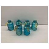 Set of Six Blue Glass Vases... Each with Leaf Accent