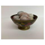 Decorative Enameled Brass Bowl with Stone Eggs