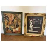 Framed Artwork Pair: "Lady Playing Piano" and Still Life Collage