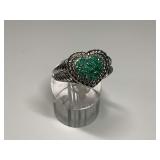 Heart-Shaped Emerald and Sterling Silver Ring...Size 11