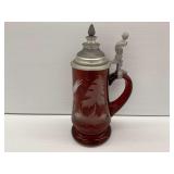 Vintage Style Etched Ruby Glass Stein with Metal Lid