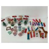 Bulk Lot of PEZ Dispensers, Heart Shaped Containers, Dice, and Holiday Solar Figurines