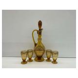 Vintage Amber Glass Decanter Set with Four Glasses