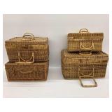 Set of Four Woven Wicker Storage Baskets with Lids and Handles