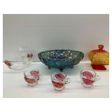 Carnival Glass Bowl with Candy Dish and Glass Cups