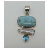 Sterling Silver Larimar, Pearl, and Topaz Pendant