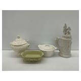 Ceramic Kitchenware Bundle: Casserole Dishes, Soup Tureen, and Lidded Stein