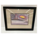 Signed and Framed Watercolor of Lighthouse Scene
