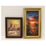 Two Framed Oil Paintings: Winter Mountain Scene & Desert Landscape