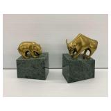 Brass Bull and Bear Bookends on Marble Bases