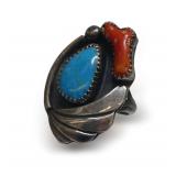 Sterling Silver, Coral, and Turquoise Ring Size 7.5