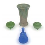 Akro Agate/Houze Vase, Lidded Bowls, and Bell