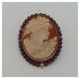 Carved Cameo Brooch Pendant with Garnet Beads