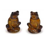 Pair of Signed Lalique Amber Color Glass Frog Figurines