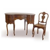 Ornate Kidney Shaped Wooden Desk with Matching Chair