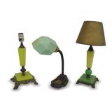 Three Vintage Green Glass Accent Lamps