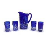 Stunning Cobalt Blue Swirl Glass Pitcher with Four Tumblers